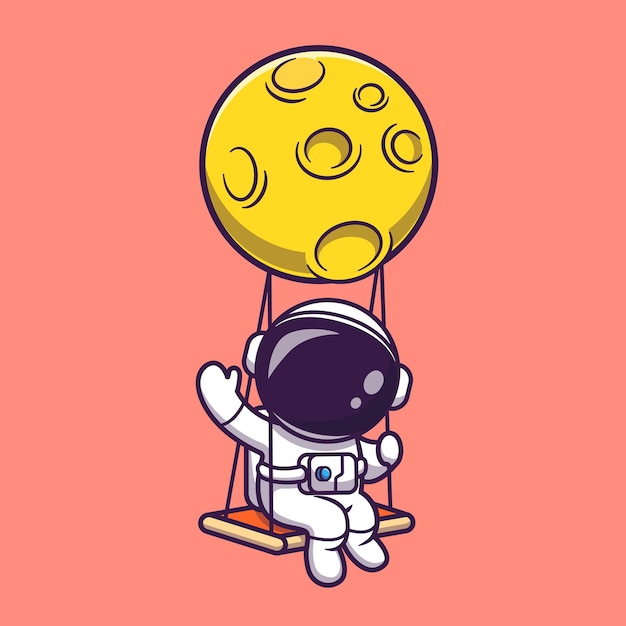 Cute Astronaut Swing On Moon And Waving Hand Illustration