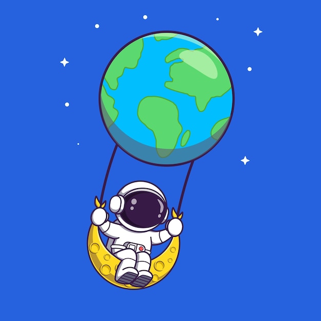 Cute astronaut swinging on earth