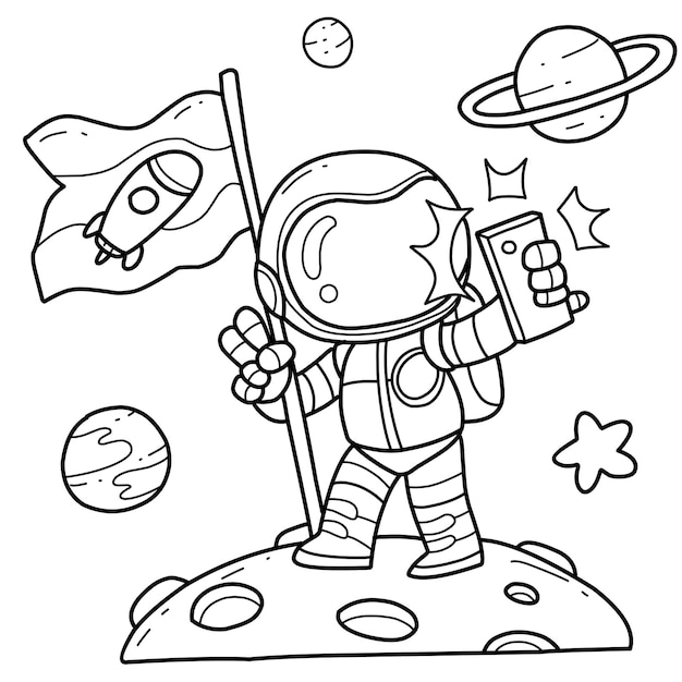 Cute astronaut taking selfie hand drawn coloring book cartoon isolated on white