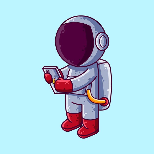 Carino astronauta utilizzando smartphone cartoon illustrazione vettoriale. vettore di caratteri in stile cartone animato.