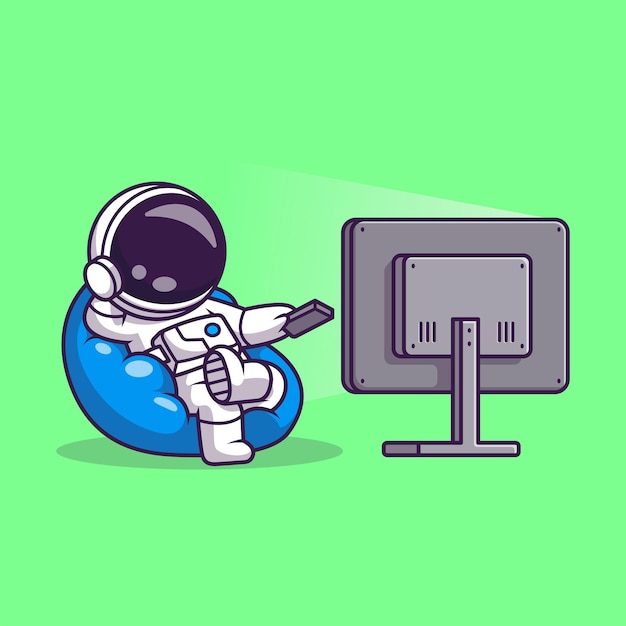 Vector cute astronaut watching tv on sofa cartoon vector icon illustration. science technology isolated