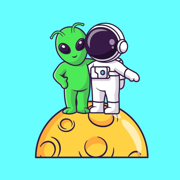 月に立っているエイリアンとかわいい宇宙飛行士漫画ベクトルアイコンイラスト。科学技術アイコン