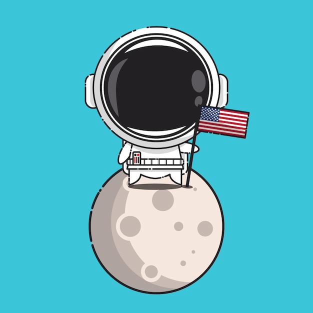 블루에 고립 된 달에 미국 국기와 함께 귀여운 우주 비행사