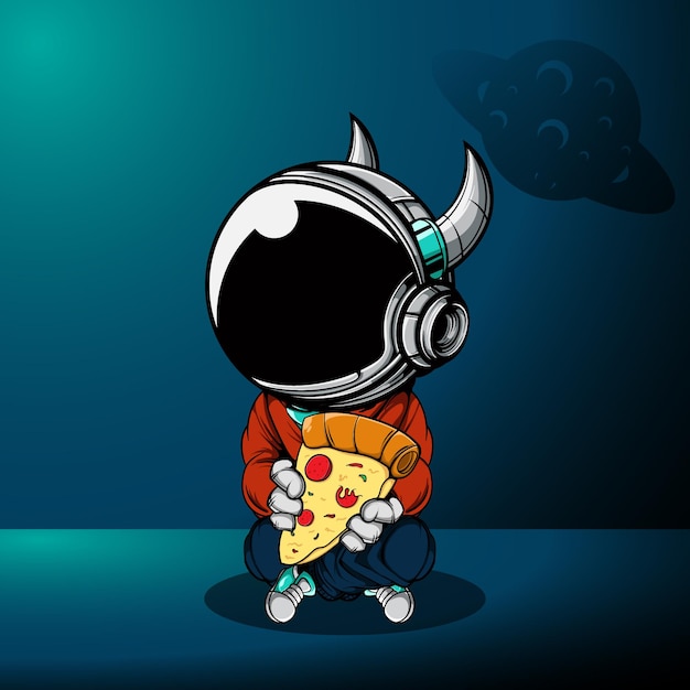 Cute astronaut with big slice pizza in the space