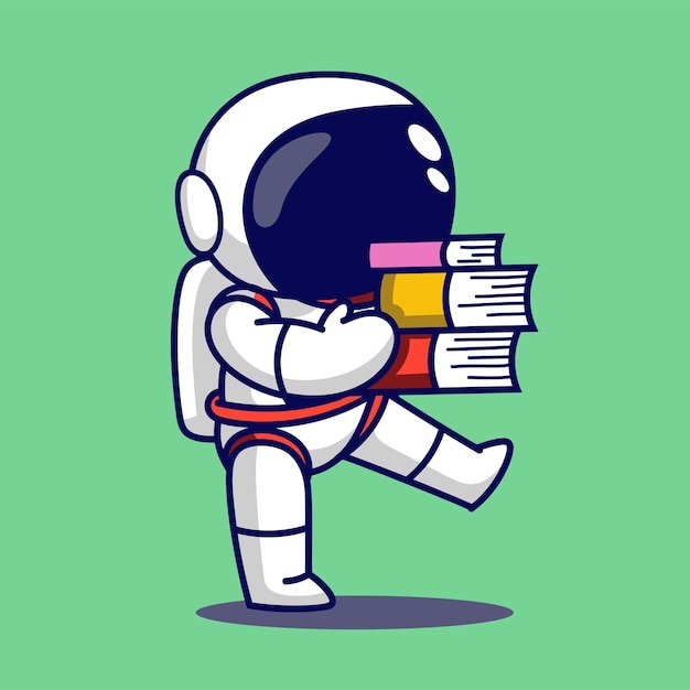 Cute astronaut with books Vector illustration in flat cartoon style