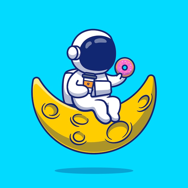 Cute astronaut with donut and coffee on moon cartoon icon illustration. people science icon concept isolated premium . flat cartoon style