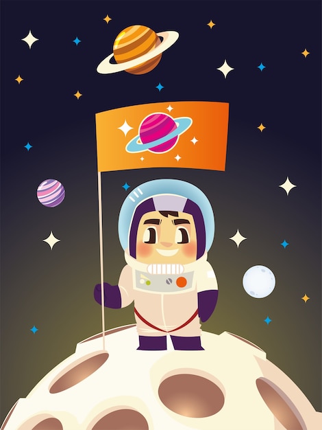 Милый космонавт с флагом исследует планету мультфильм космическая иллюстрация
