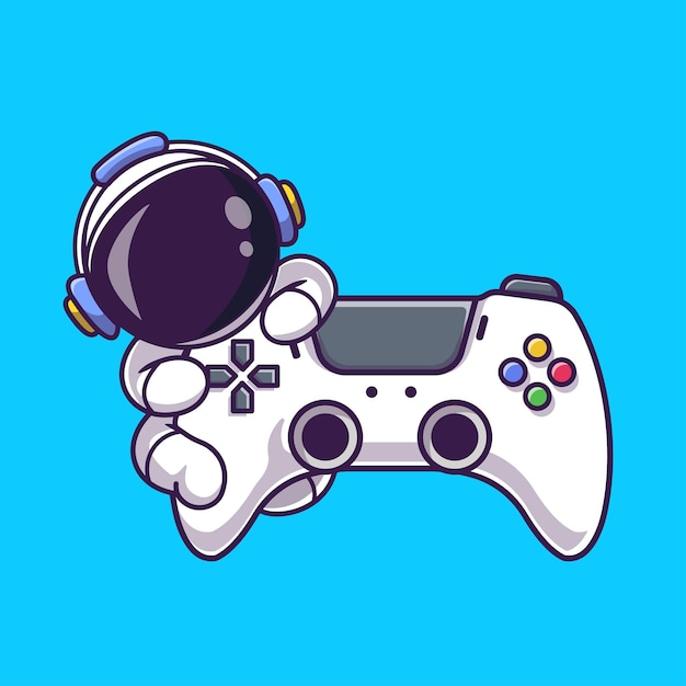 Vector cute astronaut with game controller cartoon vector icon illustration science technology isolated