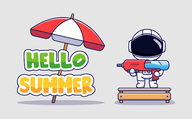 Cute astronaut with hello summer greeting banner