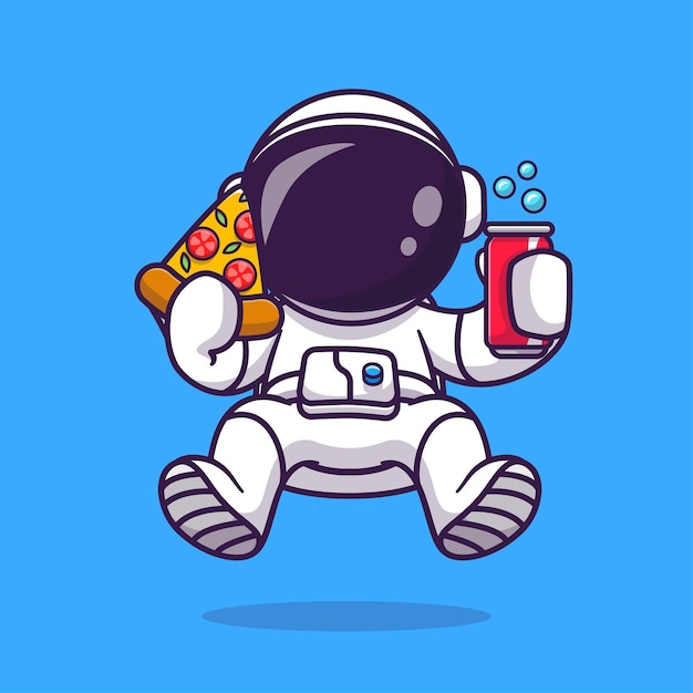 ピザとソーダとかわいい宇宙飛行士漫画ベクトルアイコンイラスト科学食品アイコンコンセプト分離プレミアムベクトル。フラット漫画スタイル