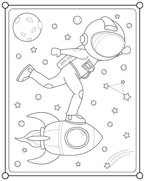 Милый астронавт с ракетой в космосе подходит для детской раскраски векторной иллюстрации
