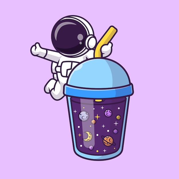 スペースドリンクとかわいい宇宙飛行士漫画ベクトルアイコンイラスト科学ドリンクアイコン分離フラット