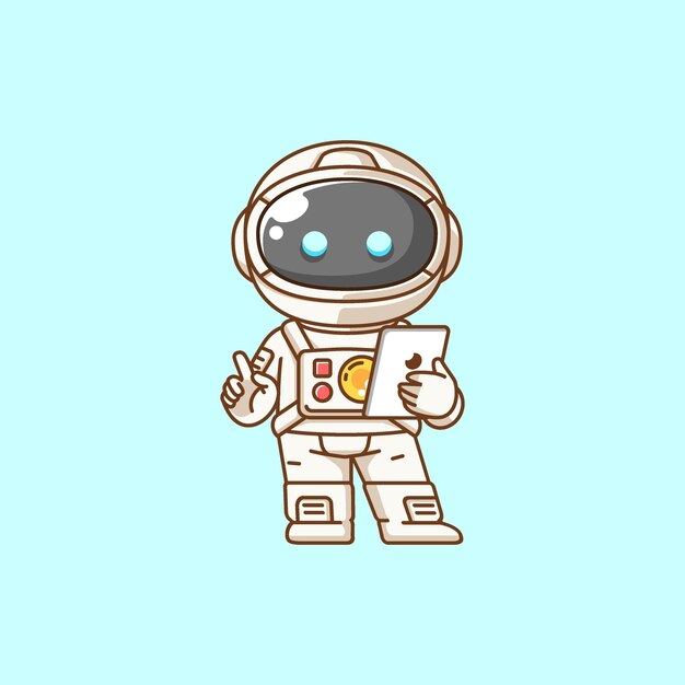 Vector cute astronaut with tablet kawaii chibi character mascot illustration outline style