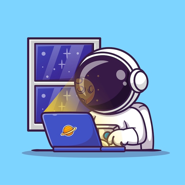 Vector cute astronaut working on laptop in space cartoon vector icon illustration science technology icon