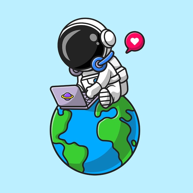 地球上のラップトップで作業するかわいい宇宙飛行士漫画ベクトルアイコンイラスト。科学技術アイコンの概念分離プレミアムベクトル。フラット漫画スタイル