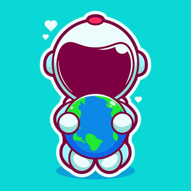 Cute astronauts hugging earth art cartoon