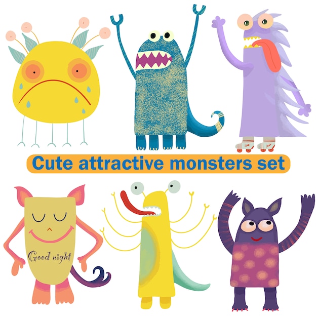 Cute attractive monsters set for print design. Symbol collection. Cute monster collection. Happy kids cartoon collection. People icon set. Hand drawing. Funny cartoon character. White background