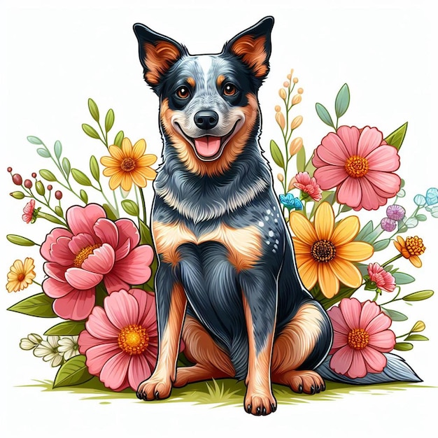 Cute Australian Cattle Dog and Flowers Vector Cartoon illustration