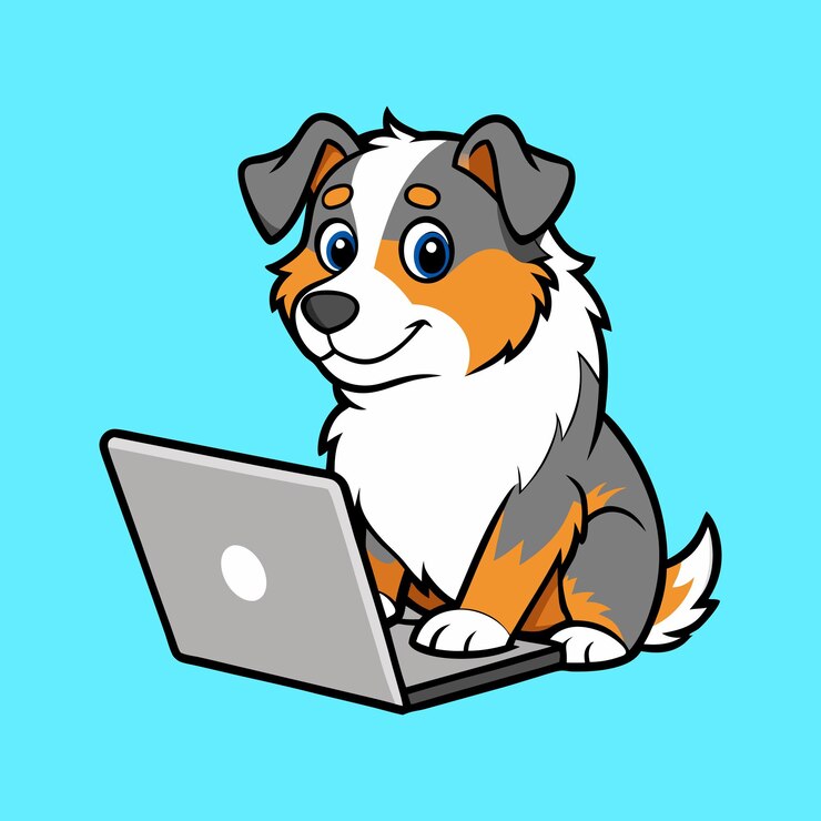 Vector cute australian shepherd working on laptop
