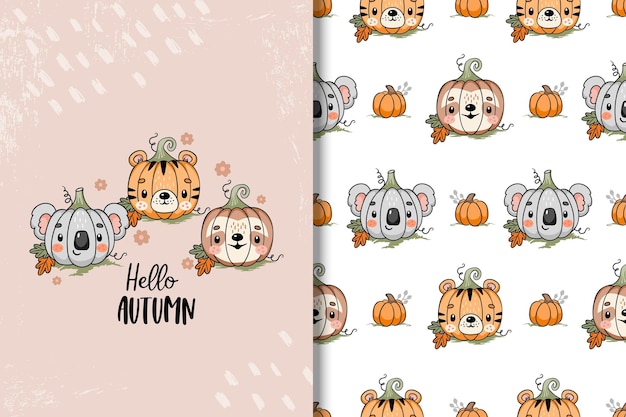 Vettore cute autumn card e seamless pattern pimpkins divertenti con facce di animali