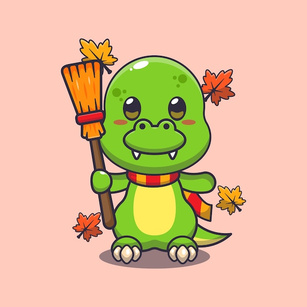 Vector cute autumn dino holding broom