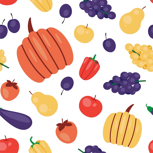Cute autumn pattern with fruits and vegetables. Fall season seamless background