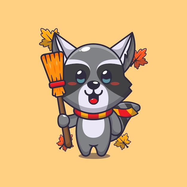 Vector cute autumn raccoon holding broom