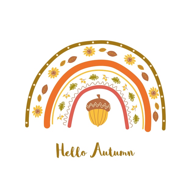 Cute autumn rainbow Fall printable poster Modern nursery rainbow with yellow acorn leaves flowers Vector