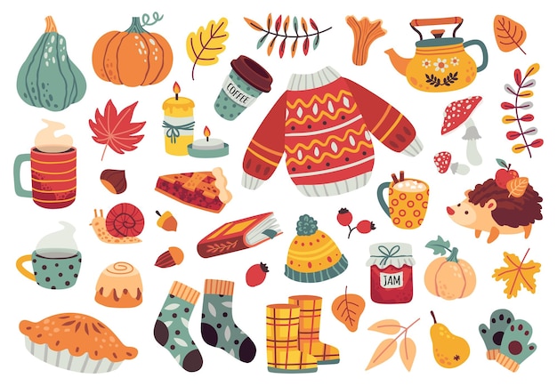 Vector cute autumn scrapbook bundle cozy fall icons or stickers with sweater socks mushrooms vector set