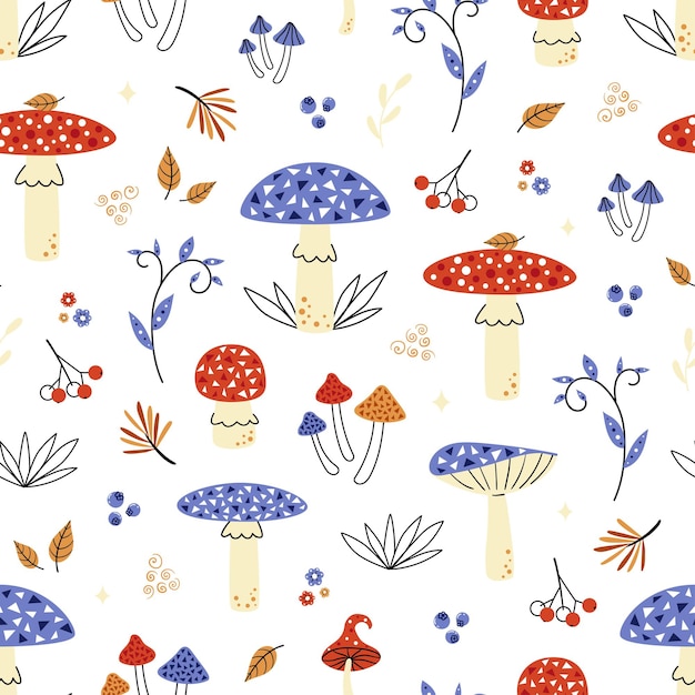 Cute autumn seamless background with amanita leaves and forest berries