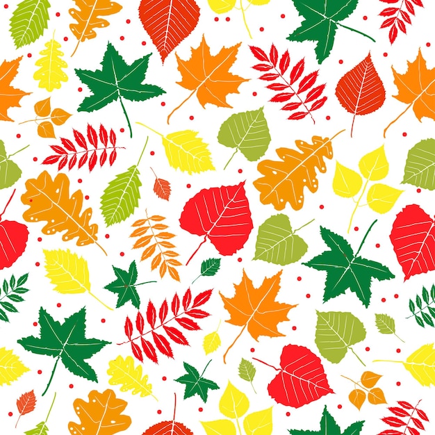 かわいい秋のシームレスなパターンと背景。秋の鮮やかな葉、さまざまな種類の木。