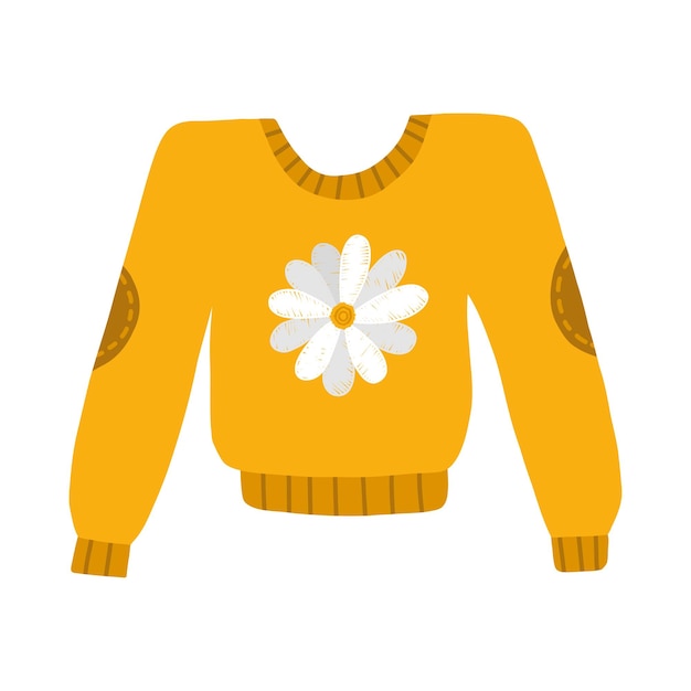 Cute autumn shortened sweater or jumper for cold weather with embroidered chamomile knitted warm clothes with modern design hygge hand drawn clip art isolated on background in scandinavian style