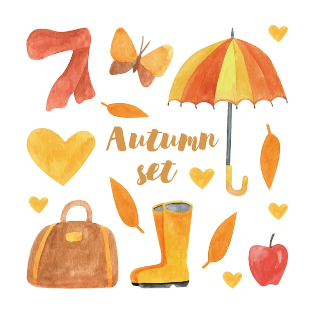 Cute autumn watercolor set with umbrella scarf butterfly heart bag apple boots leaves