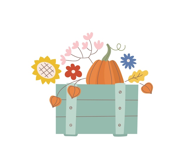 Cute autunb bouquet vector illustrations set vegetables flowers in baskets boxes