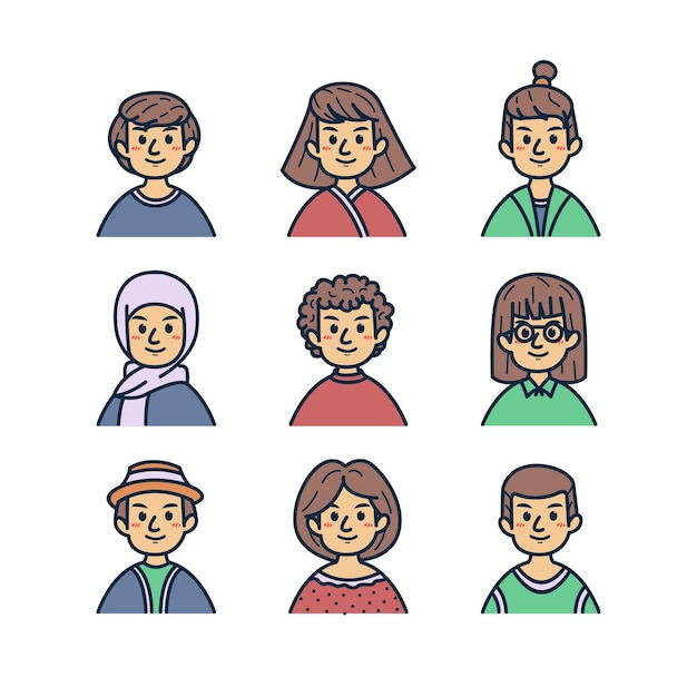 Vector cute avatar cartoon face icon set with colorized line style