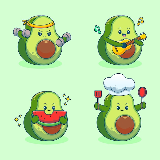 Vector cute avocado cartoon set