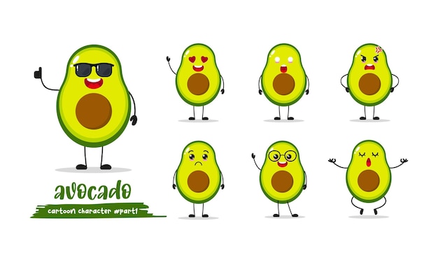 cute avocado cartoon wear sunglasses with many expressions fruit different activity pose