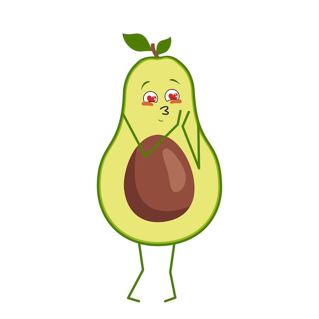 Cute avocado character falls in love with eyes hearts isolated on white background. The funny or sad hero, green fruit and vegetable. Vector flat illustration