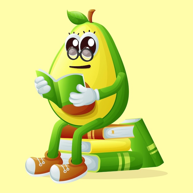 Cute avocado character wearing glasses and reading a book