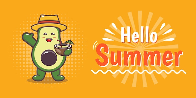 Cute avocado character with summer greeting banner