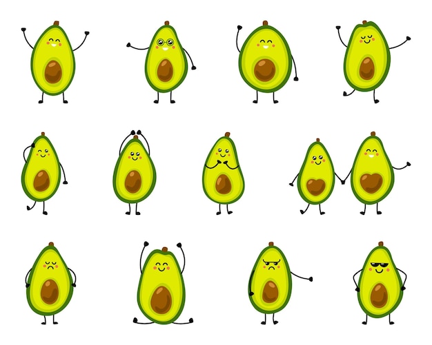 Carino avocado in diverse pose e con diverse emozioni.