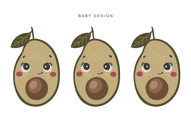 Cute avocado fruit vector fruit with face happy avocado vector summer fruit with eyes