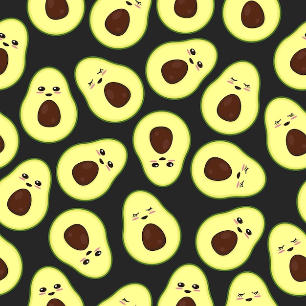 Cute avocado pattern with a smile on black background