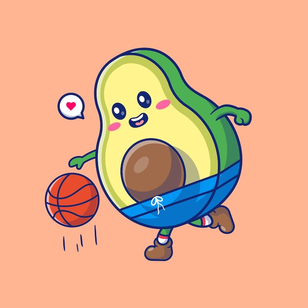 Vector cute avocado playing basketball cartoon vector icon illustration food sport icon concept isolated