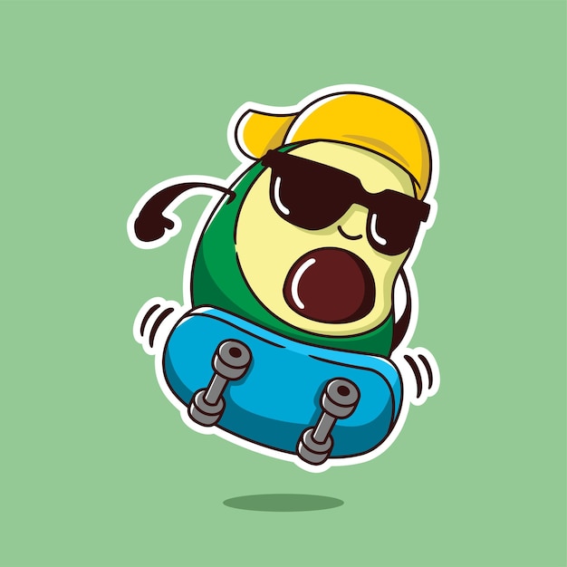 Cute avocado playing skateboard cartoon illustration