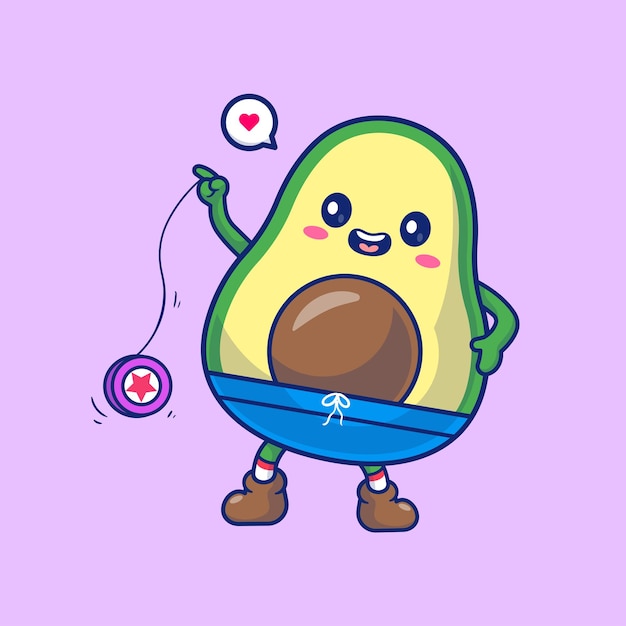 Vettore simpatico avocado che gioca a yoyo toy cartoon vector icon illustration concetto di icona di vacanza alimentare isolato