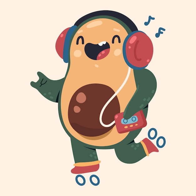 Vector cute avocado on roller skates listening music vector cartoon character isolated on background