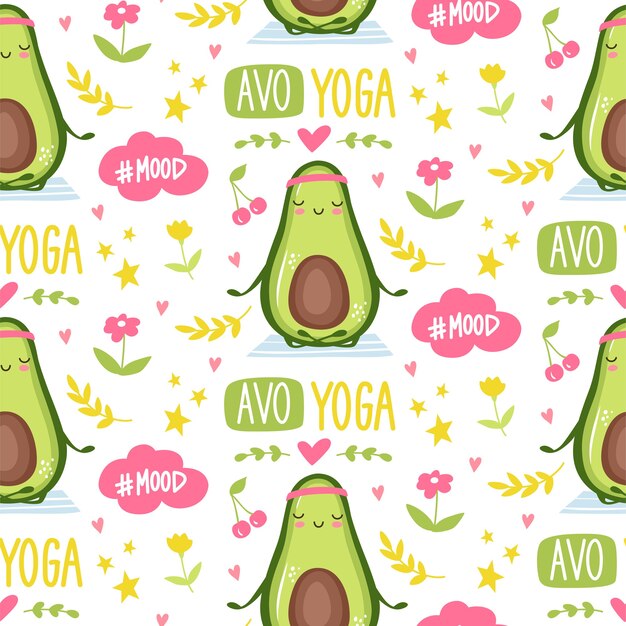 Patetrn senza giunte di avocado carino. sfondo divertente del fumetto o stampa. design kawaii per biancheria da letto, carta da imballaggio, carta da parati. illustrazione di frutta.