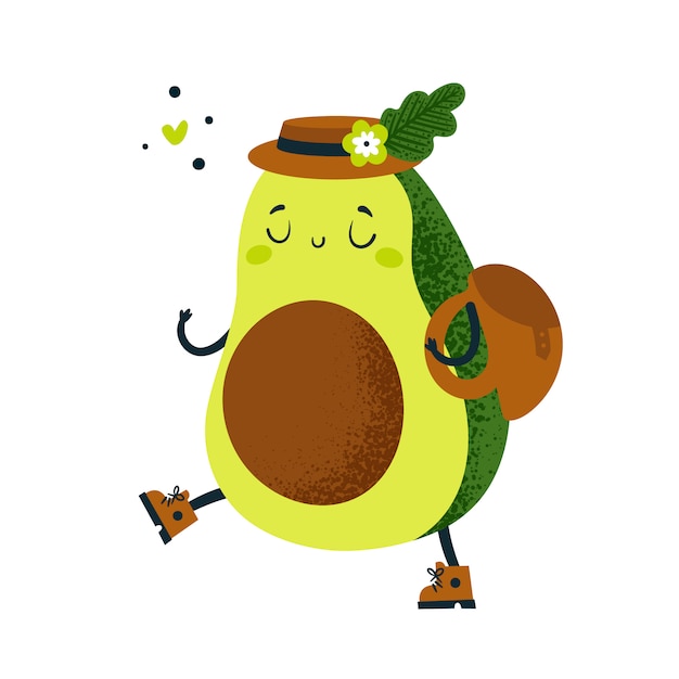 Vector cute avocado traveller go to adventure. go vegan. isolated cartoon character