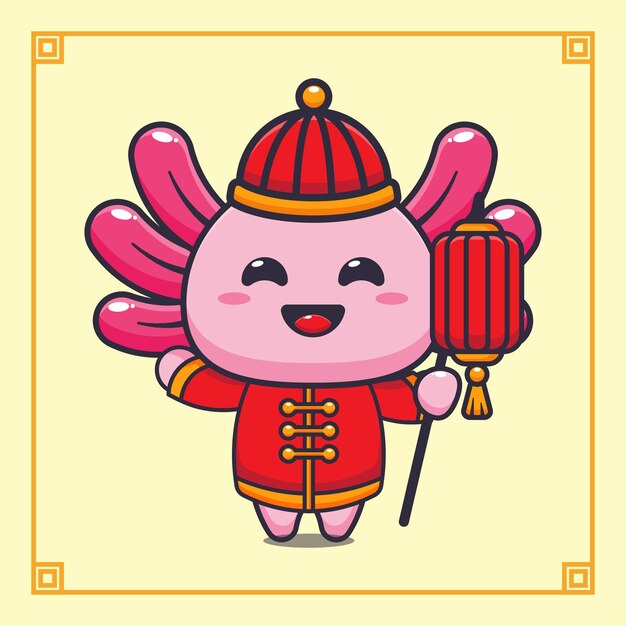 Cute axolotl holding lantern in chinese new year